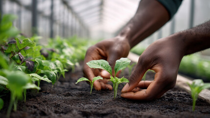 Hands farmer african american planting plant in greenhouse checking sustainable agricultural growth, progress or preparing export order for technology. Serious man gardener or greenhouse ecologist on