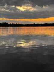 fantastic clouds reflection on the lake surface, sunset twilights time, natural colors, evening lake background