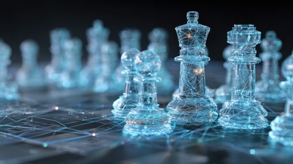Futuristic, glowing blue chess pieces stand on a digital grid. Abstract design showcases strategic game elements in a modern, technological style.