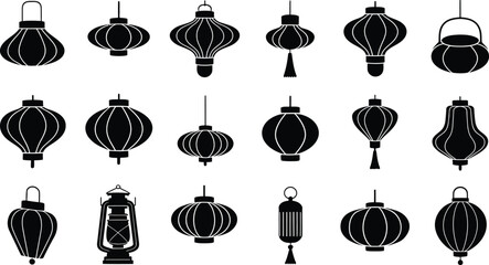Traditional Chinese Lantern Silhouette Vector Set , Asian Festival Decoration Icons Collection © Tamimkhangeox