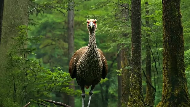 A large, flightless prehistoric bird, similar to a Terror Bird or Gastornis, walking through a lush, green primeval forest