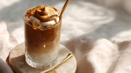 Iced coffee with whipped topping: A refreshing and visually appealing beverage on a bright, sunny day.