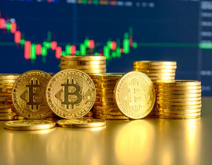 Cryptocurrency Gold Rush: Gold bitcoins gleam against the backdrop of a stock chart, symbolizing the digital gold rush and investment opportunities.