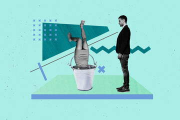 Composite art 3d creative image collage of serious guy stand friends hide body metallic bucket...