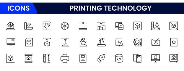 Futuristic vector web line icons depicting 3D, 4D printing, additive manufacturing, prototypes, and innovative fabrication for advanced technology solutions.