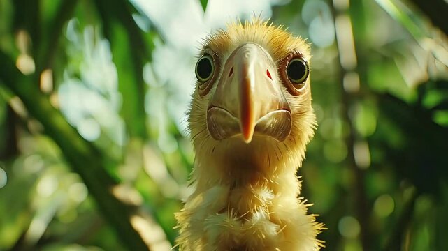 Close-up portrait of a cute and curious baby bird, possibly a dodo or kakapo chick, looking directly at the camera in a jungle