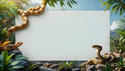 Ai generated image of two snakes on rocks flanking a white frame in a jungle setting
