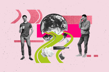 Creative full artwork collage of two happy girl guy stand litter earth damage planet bottle...