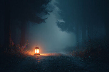 Fototapeta premium Glowing lantern illuminates a foggy forest path at dusk with warm light