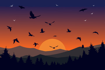 Fototapeta premium Majestic Sunset Silhouette Birds in Flight over Mountain Range