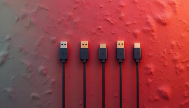 Ai generated image of five different types of usb cables on a red background