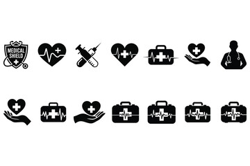 Collection of Medical Icons Heart, First Aid Kit, and Healthcare Symbols