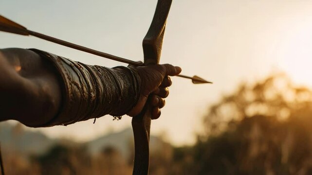 Person with a bow and arrow at sunset.