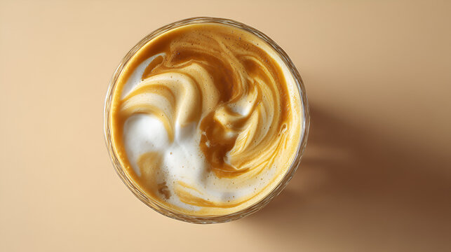 Aerial view of coffee art: creamy swirls of milk and coffee create an inviting, warm drink display.