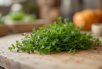 Fresh tarragon and chervil with shallow focus, warm kitchen atmosphere.

