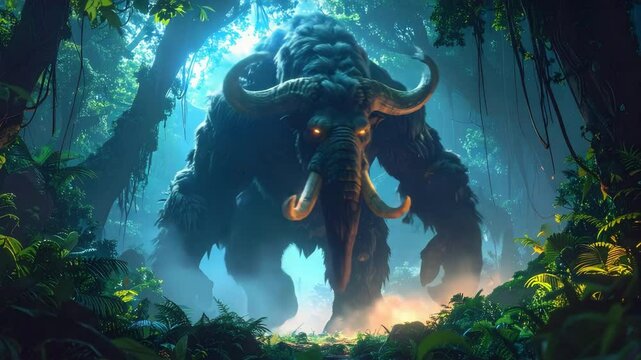 Enormous creature roaming through lush green jungle surrounded by dense tropical vegetation