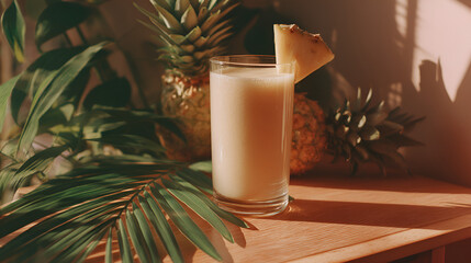 Refreshing tropical drink with pineapple garnish surrounded by pineapples and lush green foliage.