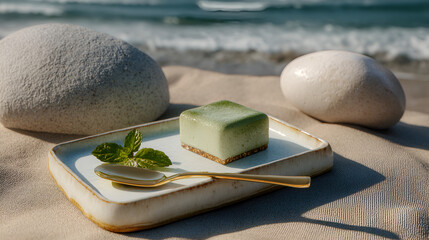 Beachside Bliss: A green dessert, golden spoon, and seaside stones create a serene aesthetic.