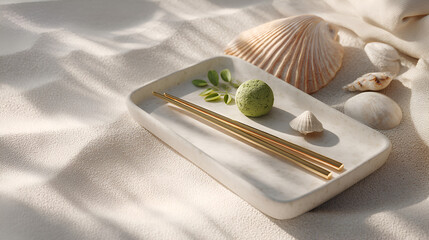 Coastal Treat: Green mochi with chopsticks on a marble plate, surrounded by seashells, sunny day.