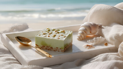 Coastal Dessert: Pistachio dessert bar on a marble tray with beach backdrop and seashells, golden spoon