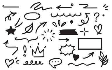 A collection of hand drawn doodle elements including arrows hearts stars and other graphic symbols