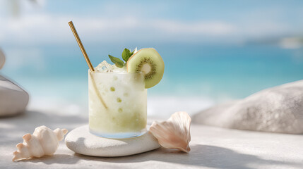 Refreshing kiwi cocktail on a beach setting with seashells and a golden straw for a perfect summer vibe.