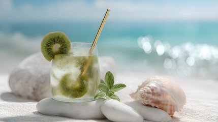 Refreshing kiwi cocktail on the beach. Tropical getaway. Relaxing summer mood.