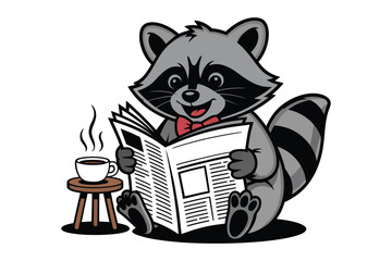 A raccoon reading the newspaper with coffee