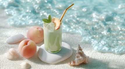 Refreshing peach smoothie with a reusable straw and fresh mint, beside peaches and ocean waves.