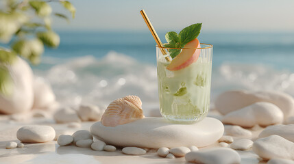 Coastal refreshment: chilled drink with peach garnish on a serene beach setting.