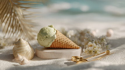 Delicious pistachio ice cream cone set on a beach podium with flowers, shell and a spoon.