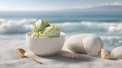Refreshing pistachio ice cream on a beach, blending sweet treats with serene coastal vibes.