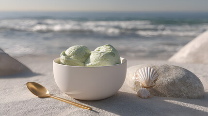 Beachside Refreshment: A bowl of pistachio ice cream on a sandy shore, perfect for a summer day.