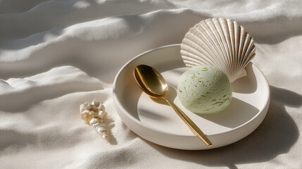 A scoop of pale green ice cream nestled in a white bowl, complete with a gold spoon and seashells.