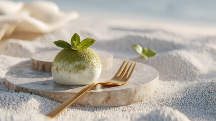 Elegant dessert: spherical treat topped with matcha and mint, served with a golden fork on a stone platform