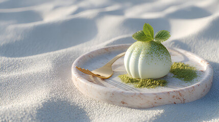 Elegant dessert featuring a white mousse cake with matcha powder and mint leaves on a marble plate.