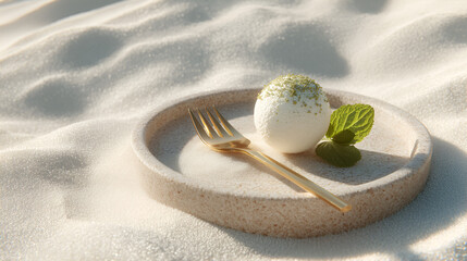 Dessert Sphere: A white treat with green sprinkles on a plate with a golden fork, mint garnish.