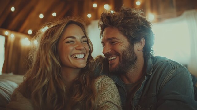 A heartwarming image of a couple laughing and enjoying each other's company in a cozy, warmly lit environment, capturing love and intimate moments shared between partners.
