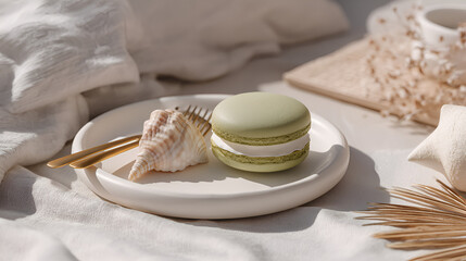 Pastel-colored, airy macaron, and a seaside seashell resting on a white plate, bathed in soft light.