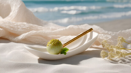 Delicate dessert sphere with pistachio and mint garnish, presented in a refined setting with golden accents