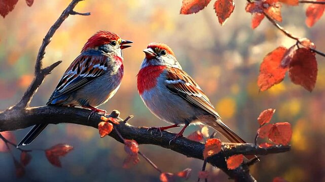 Enchanting autumn scene with two sparrows perched on a tree branch surrounded by colorful leaves