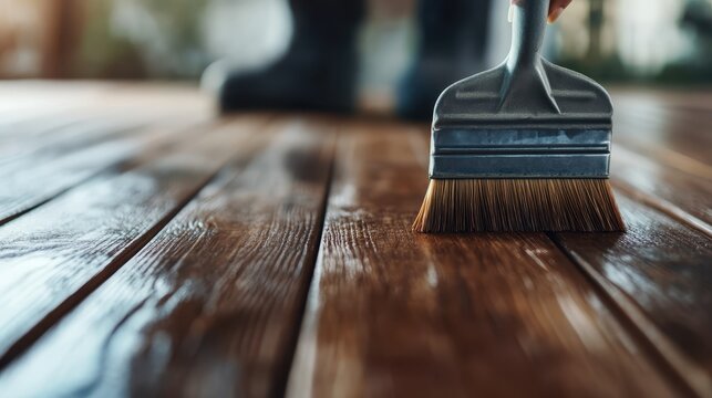 A close-up view of a hand applying paint to a wooden floor, showcasing craftsmanship, dedication, and transformation in a creative and artistic endeavor of home improvement.