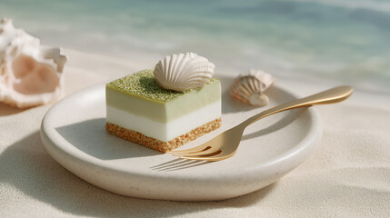 Coastal Dessert: Matcha mousse cake on a sandy plate by the beach, complete with seashell accents.