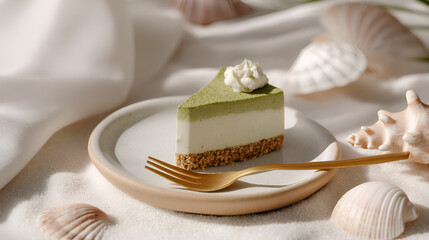 Elegant Matcha Dessert Slice with Golden Fork and Seashells: A delicious, visually appealing treat.
