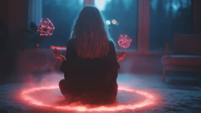 Woman sitting in glowing red magic circle with occult symbols at night. Dark mystical ritual scene with neon light effect. Gothic fantasy concept for book cover or game art