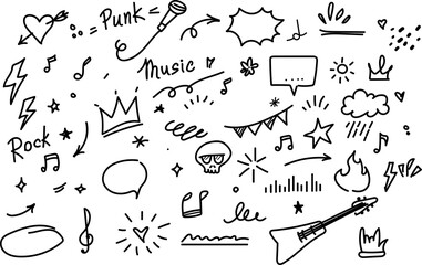 Hand drawn rock and punk music doodle elements with guitar, microphone, skull, heart, and speech bubbles