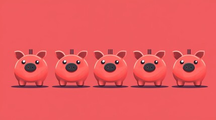 Fototapeta premium Five identical cartoon piggy banks in a row on a pink background, symbolizing savings and finance.