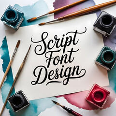 Hand Lettering Script Font Design on watercolor textured background Vintage photo album and camera with school stationery including pens, pencils, and books, illustrating an education-themed desk set