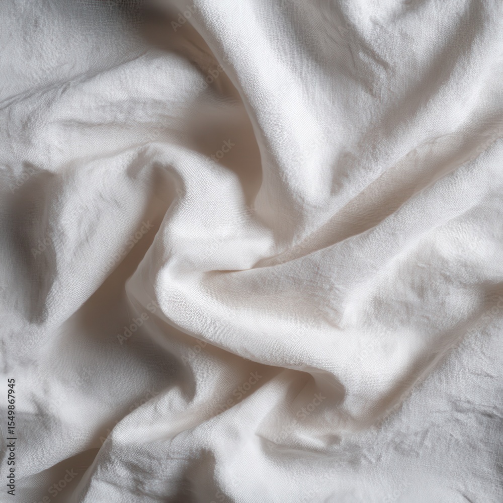 Poster close-up of white fabric with natural wrinkles and folds, creating a textured and minimalistic backg