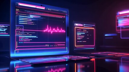 Futuristic cyberspace laptop coding interface with digital data stream background - Powered by Adobe